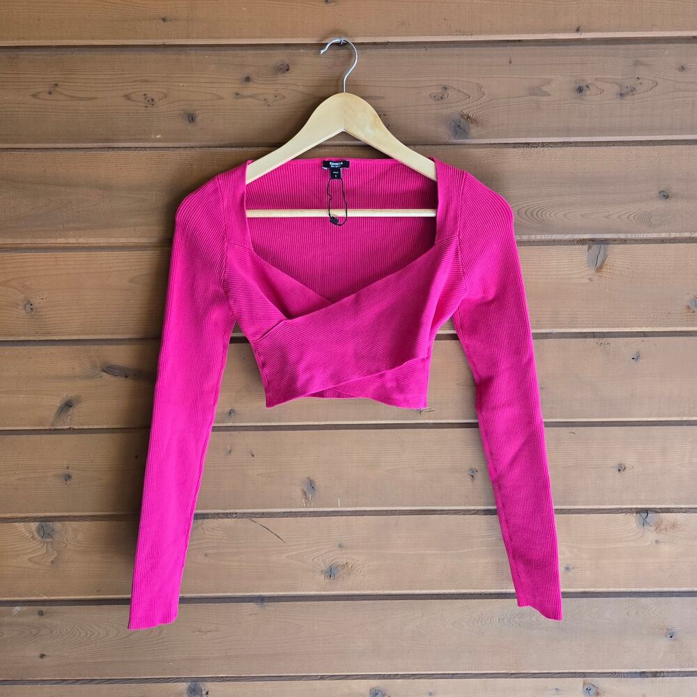 Express Crop Sweater Hot Pink Criss Cross Seamless Top Long Sleeve NWOT S Preppy - Picture 2 of 4